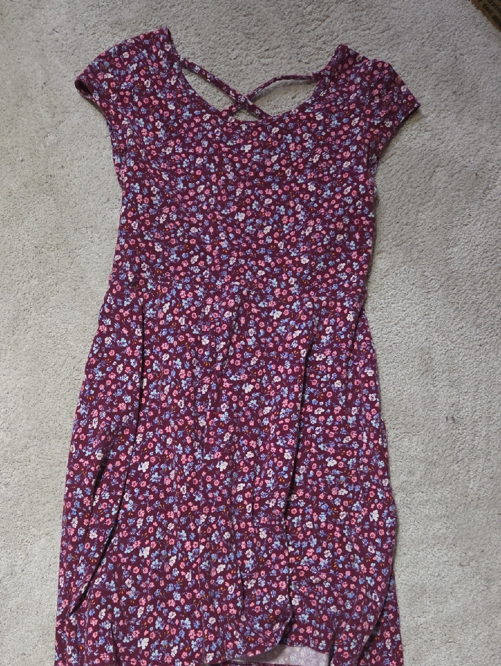 Soft Surroundings Plum Floral Midi Dress with Crisscross Back
